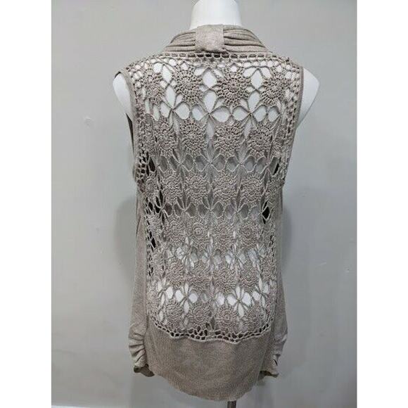 Vida Milano Size Large Sleeveless Cardigan Tan Cotton Blend Ribbed Crochet Boho - Picture 2 of 7